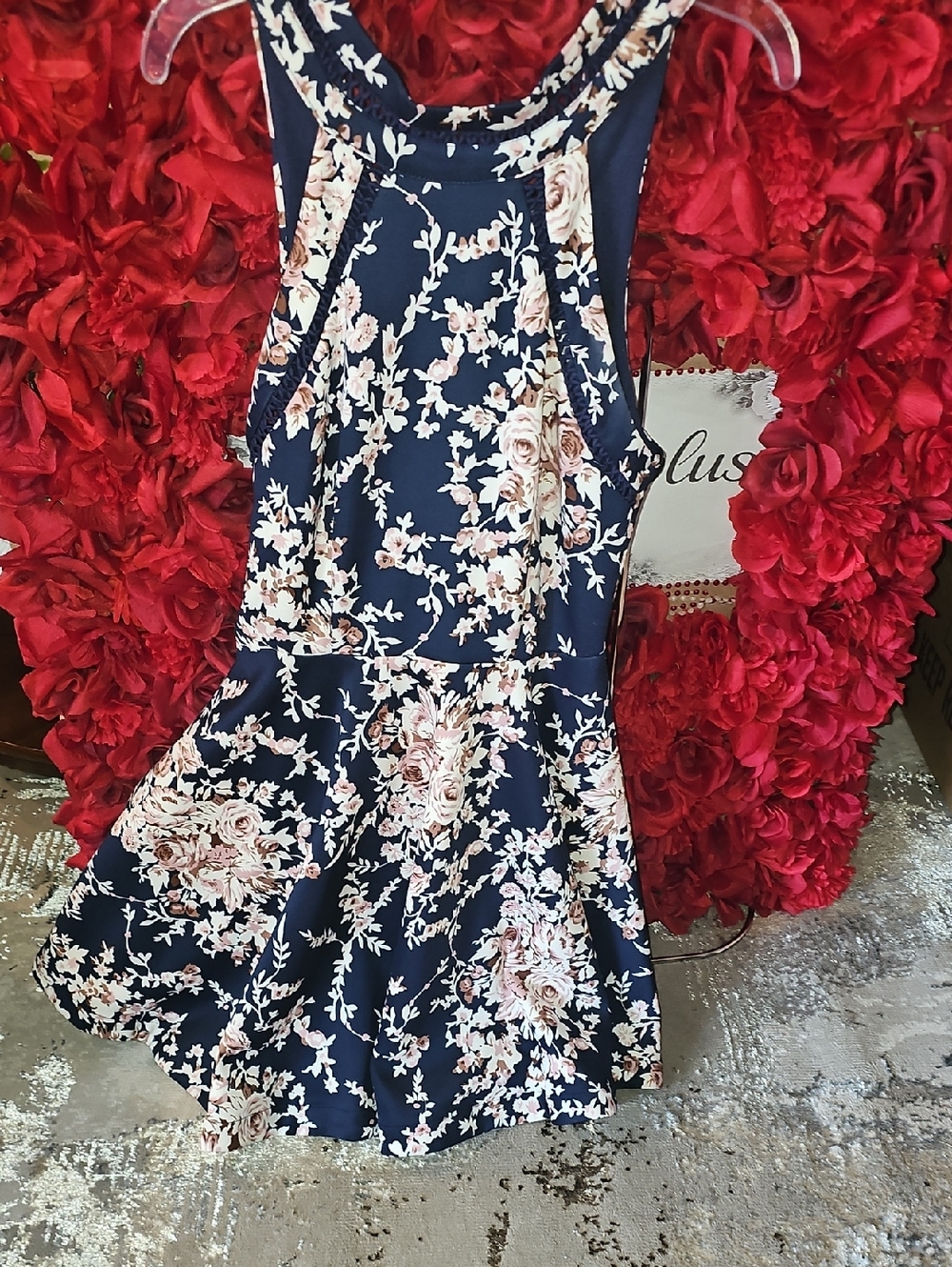 B Darlin Navy & Mauve Floral Halter Fit & Flare Dress Size 7/8